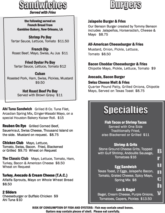 Sandwiches, Burgers, Steaks, Seafood and Sides